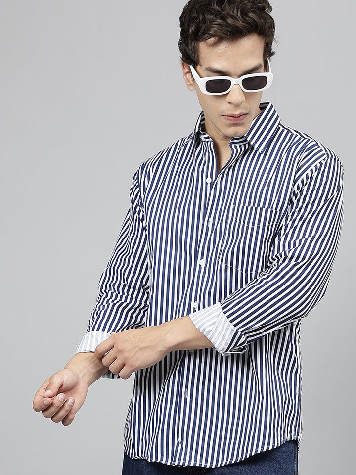 Men White & Navy Blue Striped Pure Cotton Slim Fit Casual Shirt