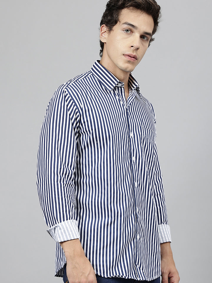 Men White & Navy Blue Striped Pure Cotton Slim Fit Casual Shirt