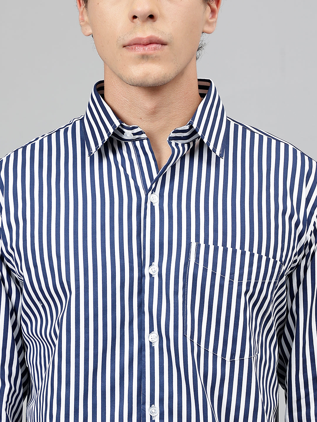 Men White & Navy Blue Striped Pure Cotton Slim Fit Casual Shirt