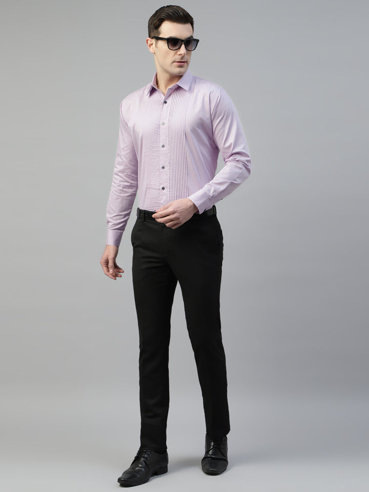 Men Lavender Solid Pure Cotton Pintucked Slim Fit Tuxedo Shirt