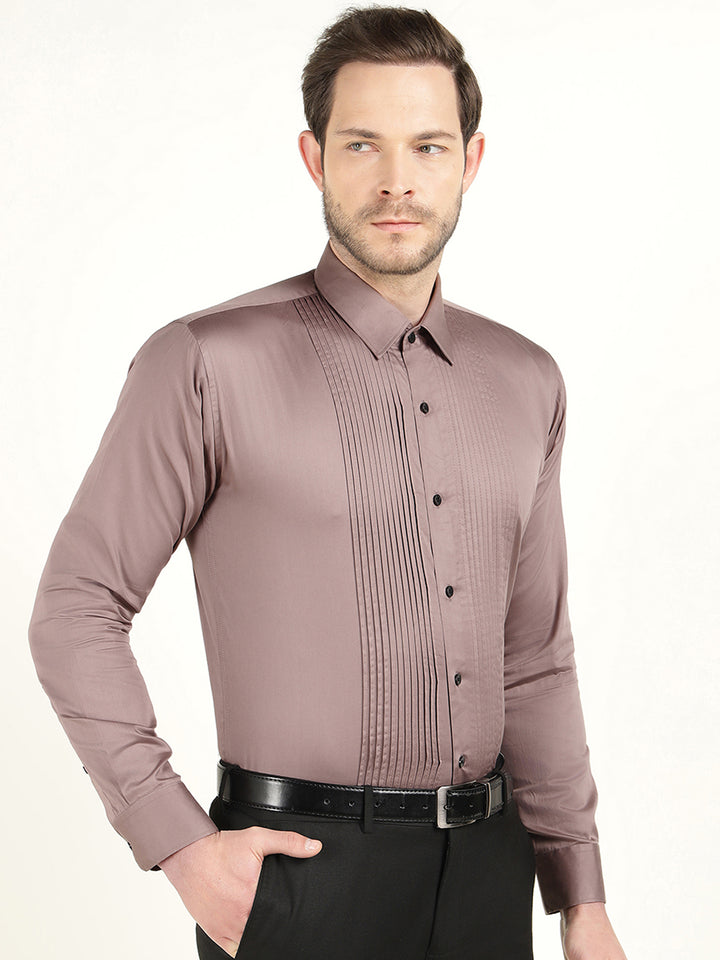 Hancock Men Dusty Mauve Slim Fit Cotton Satin Pintucked Tuxedo Party Shirt