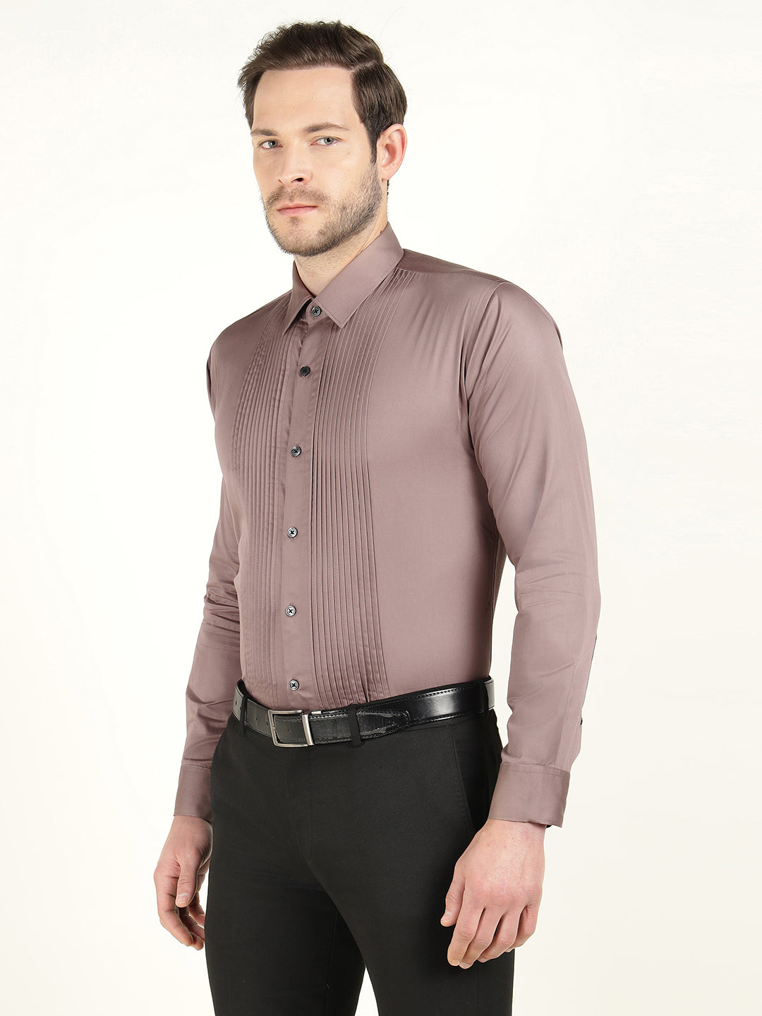 Hancock Men Dusty Mauve Slim Fit Cotton Satin Pintucked Tuxedo Party Shirt