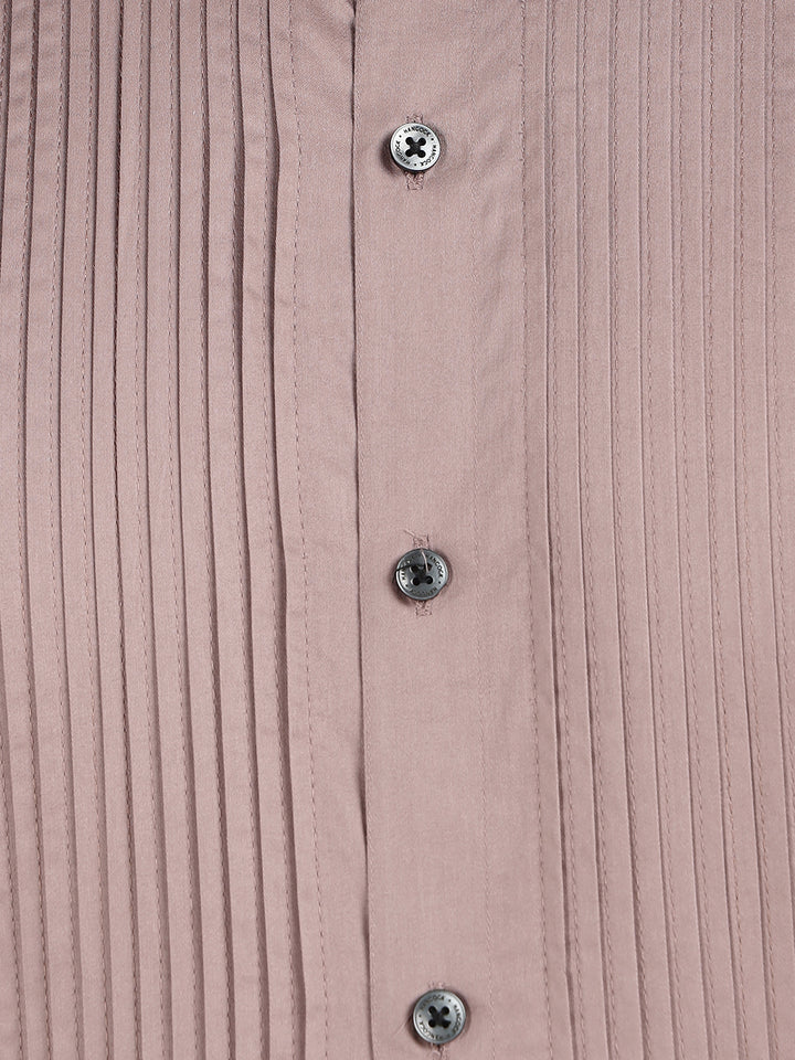 Hancock Men Dusty Mauve Slim Fit Cotton Satin Pintucked Tuxedo Party Shirt