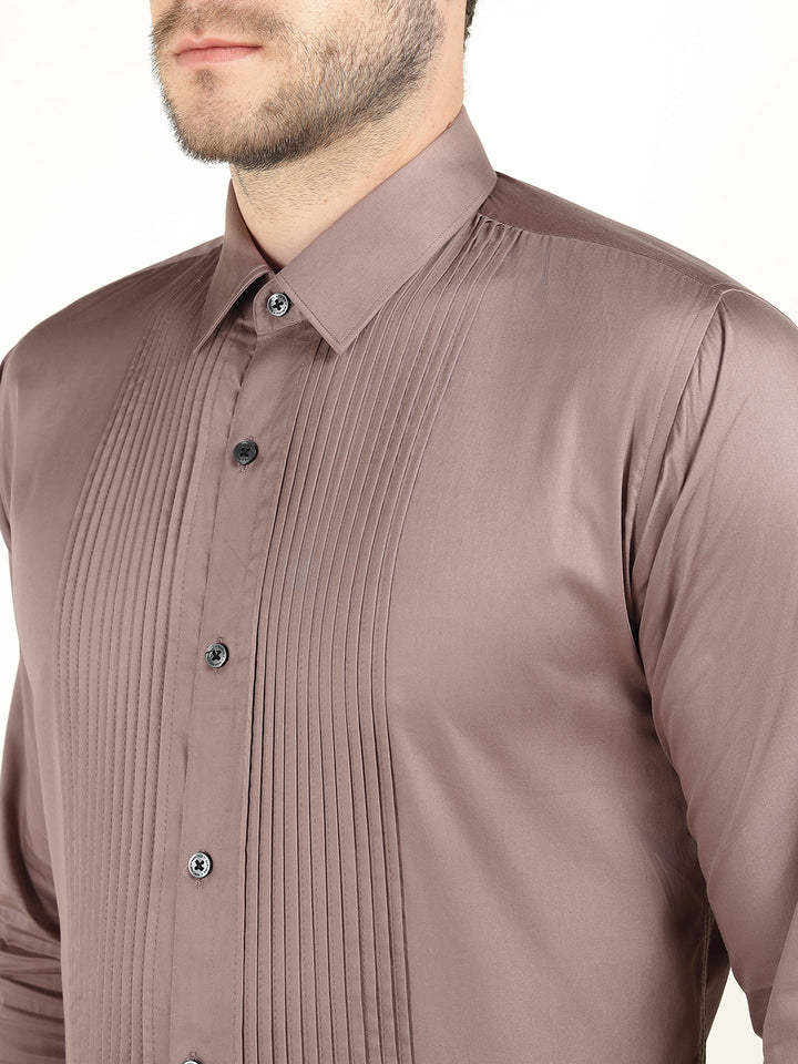 Hancock Men Dusty Mauve Slim Fit Cotton Satin Pintucked Tuxedo Party Shirt