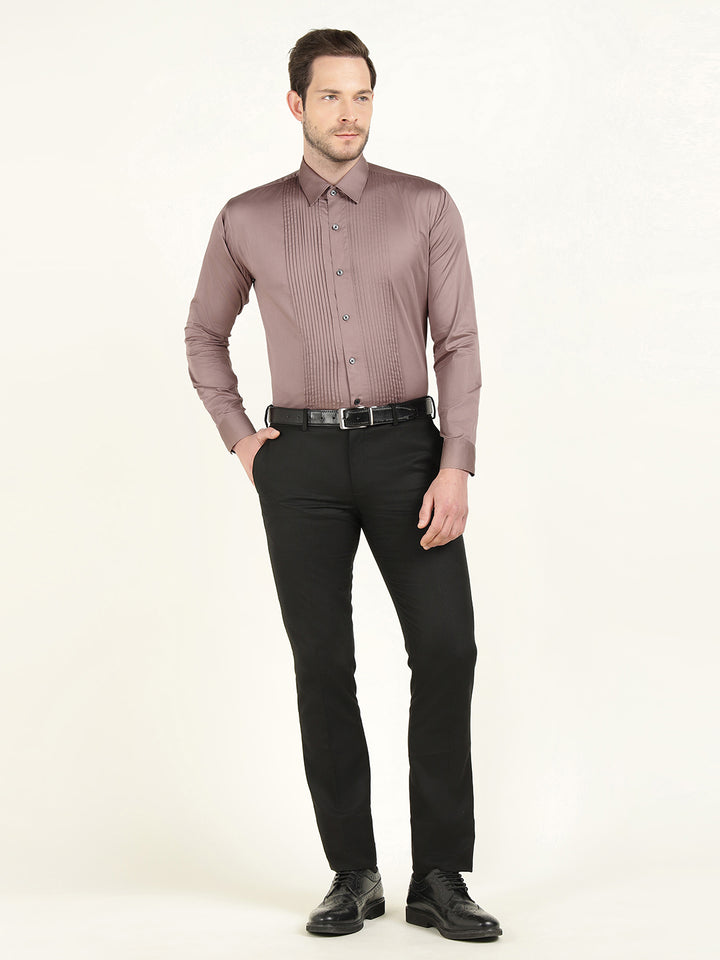 Hancock Men Dusty Mauve Slim Fit Cotton Satin Pintucked Tuxedo Party Shirt