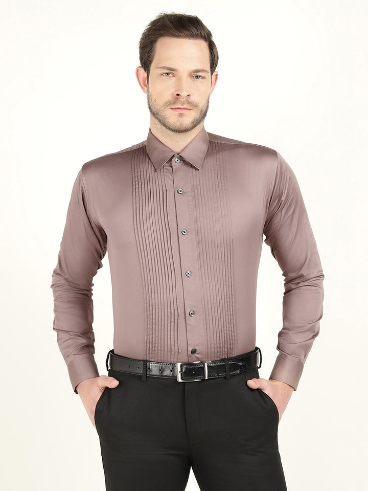 Hancock Men Dusty Mauve Slim Fit Cotton Satin Pintucked Tuxedo Party Shirt