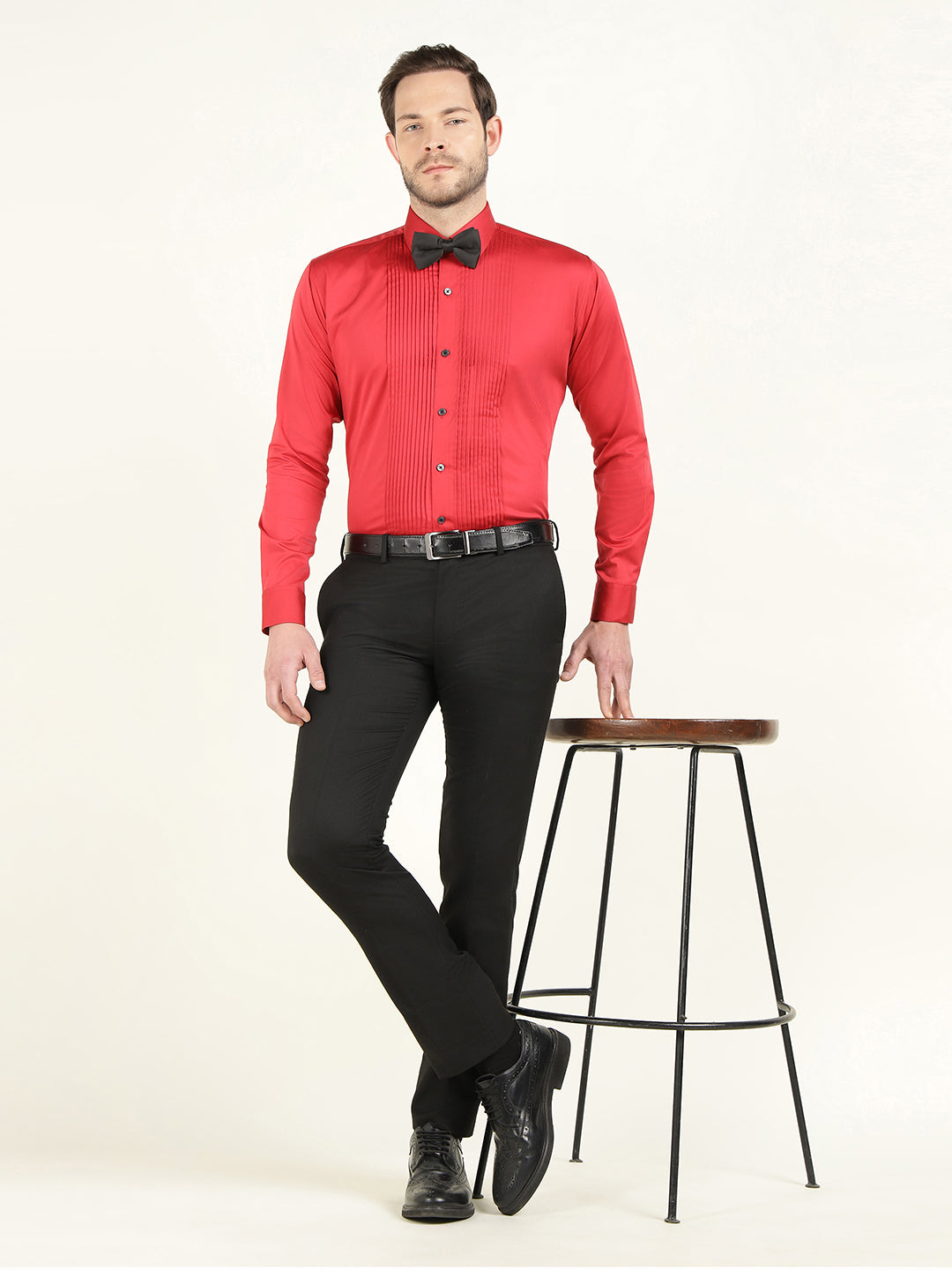 Hancock Men Red Slim Fit Cotton Satin Pintucked Tuxedo Party Shirt