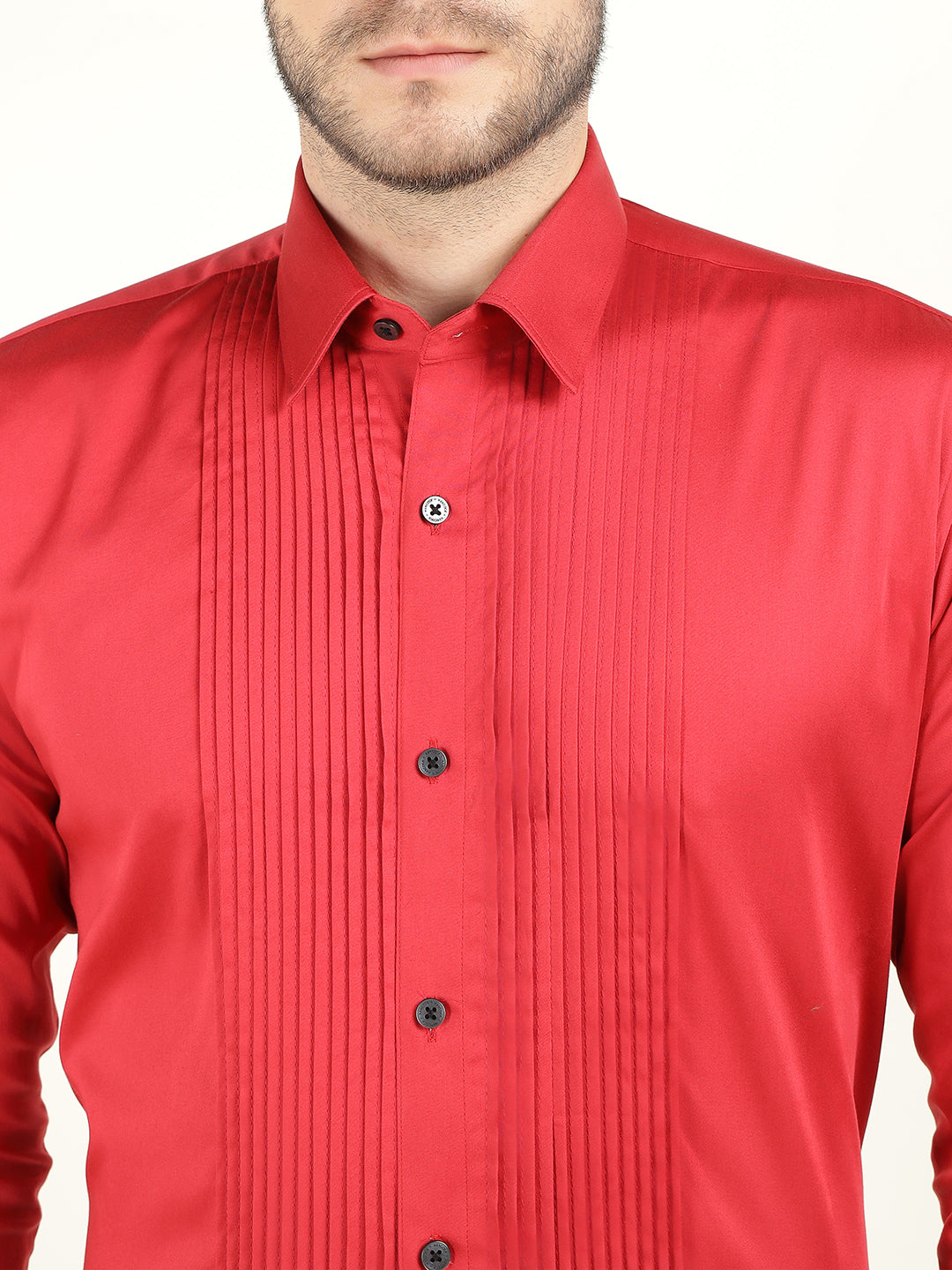 Hancock Men Red Slim Fit Cotton Satin Pintucked Tuxedo Party Shirt