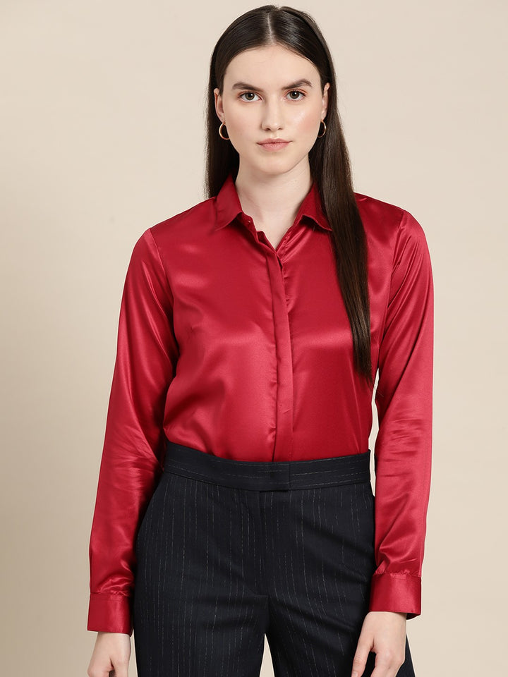 Women Red Solid Satin Formal Shirt