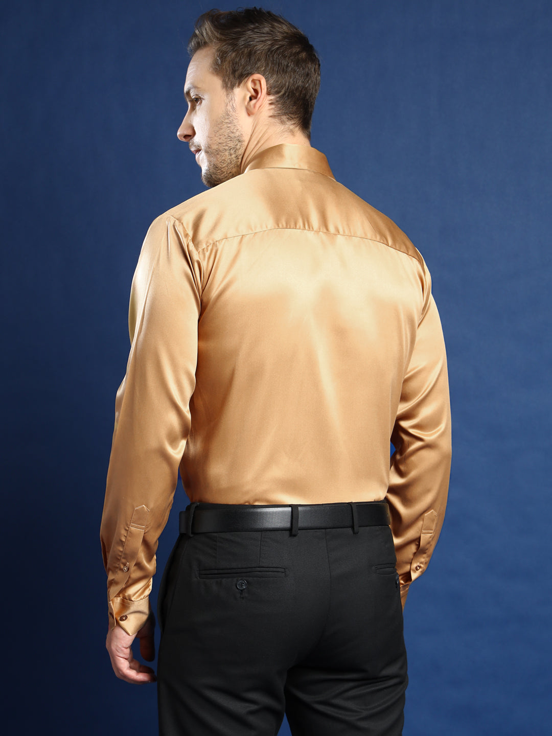 Hancock Men Gold Solid Satin Slim Fit Tuxedo Party Shirt Hancock Men Gold Solid Satin Slim Fit Tuxedo Party Shirt