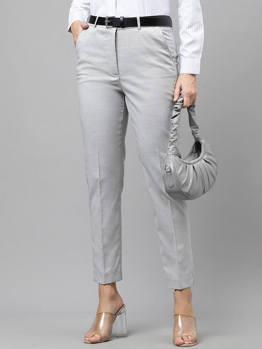 Hancock Women Light Grey Self Design Flat- Front Ciggarate Fit Formal Trouser