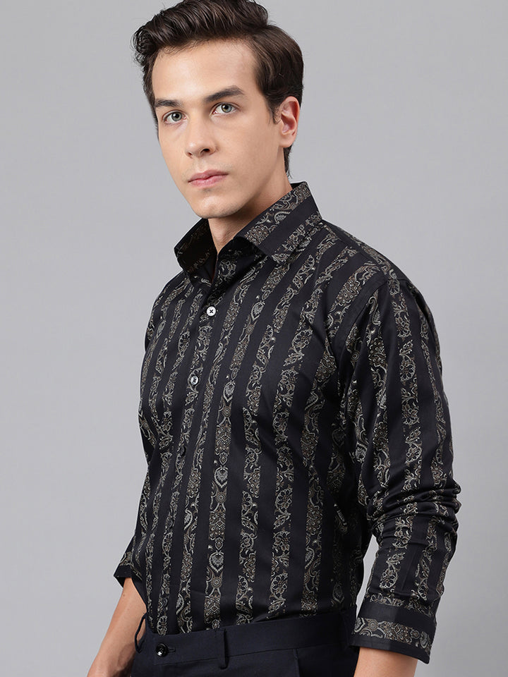 Men Navy Blue Floral striped Printed Cotton Satin Slim Fit Party Shirt