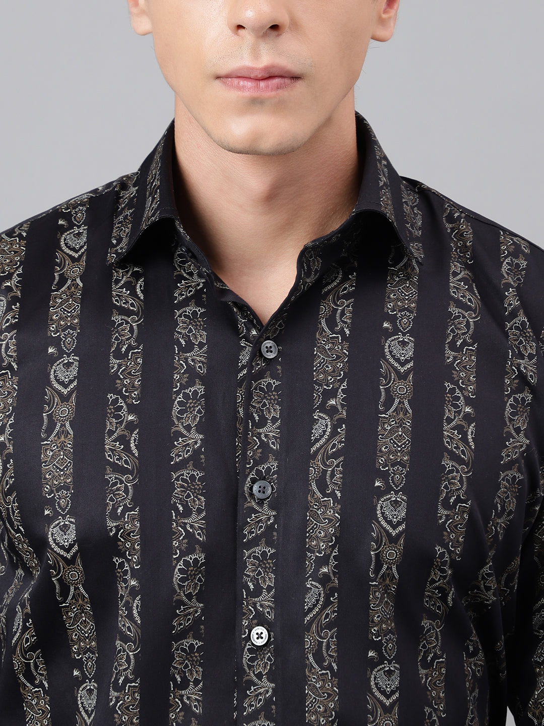 Men Navy Blue Floral striped Printed Cotton Satin Slim Fit Party Shirt