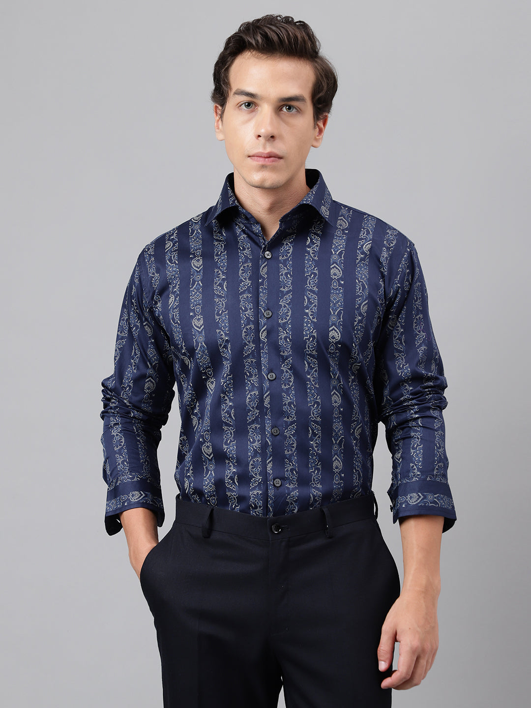 Men Navy Blue Floral striped Printed Cotton Satin Slim Fit Party Shirt