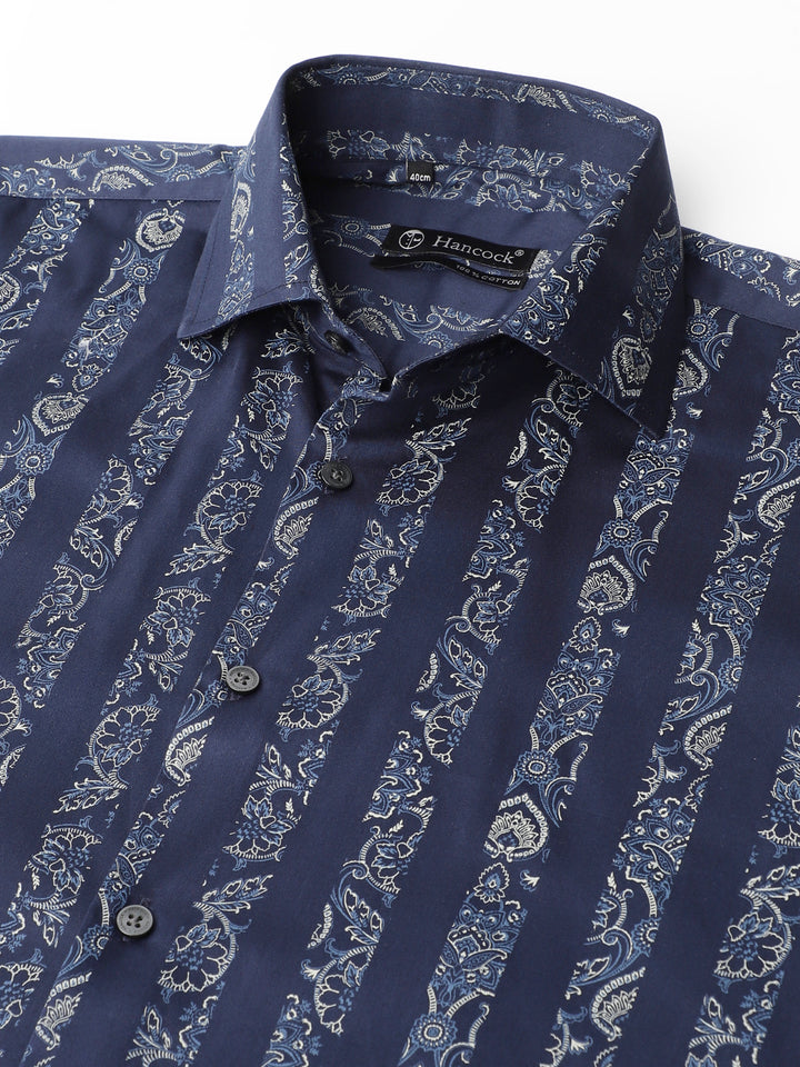 Men Navy Blue Floral striped Printed Cotton Satin Slim Fit Party Shirt