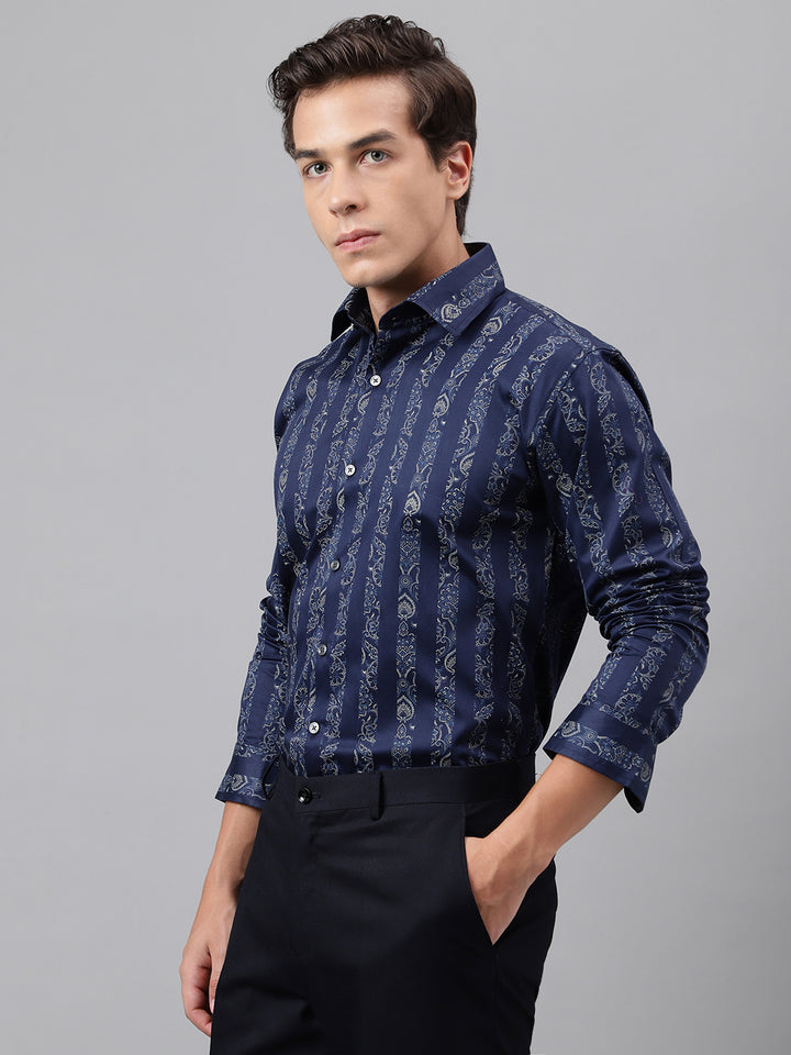 Men Navy Blue Floral striped Printed Cotton Satin Slim Fit Party Shirt