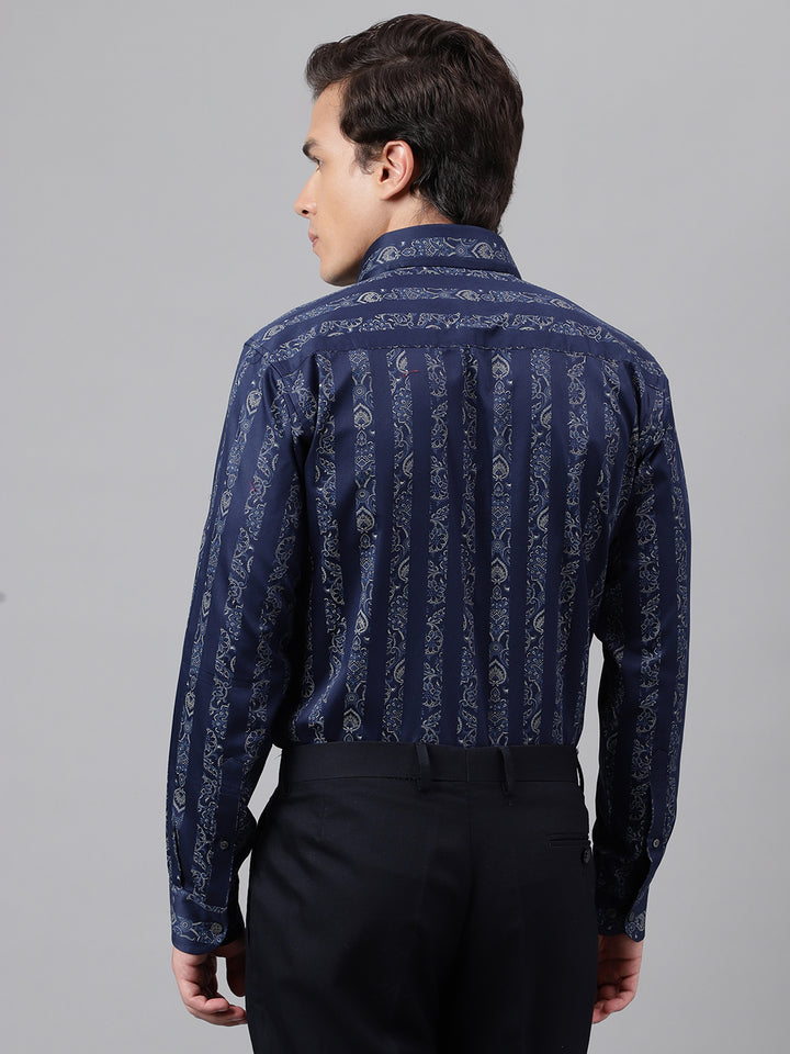 Men Navy Blue Floral striped Printed Cotton Satin Slim Fit Party Shirt