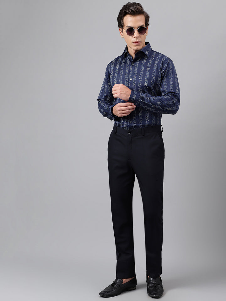 Men Navy Blue Floral striped Printed Cotton Satin Slim Fit Party Shirt