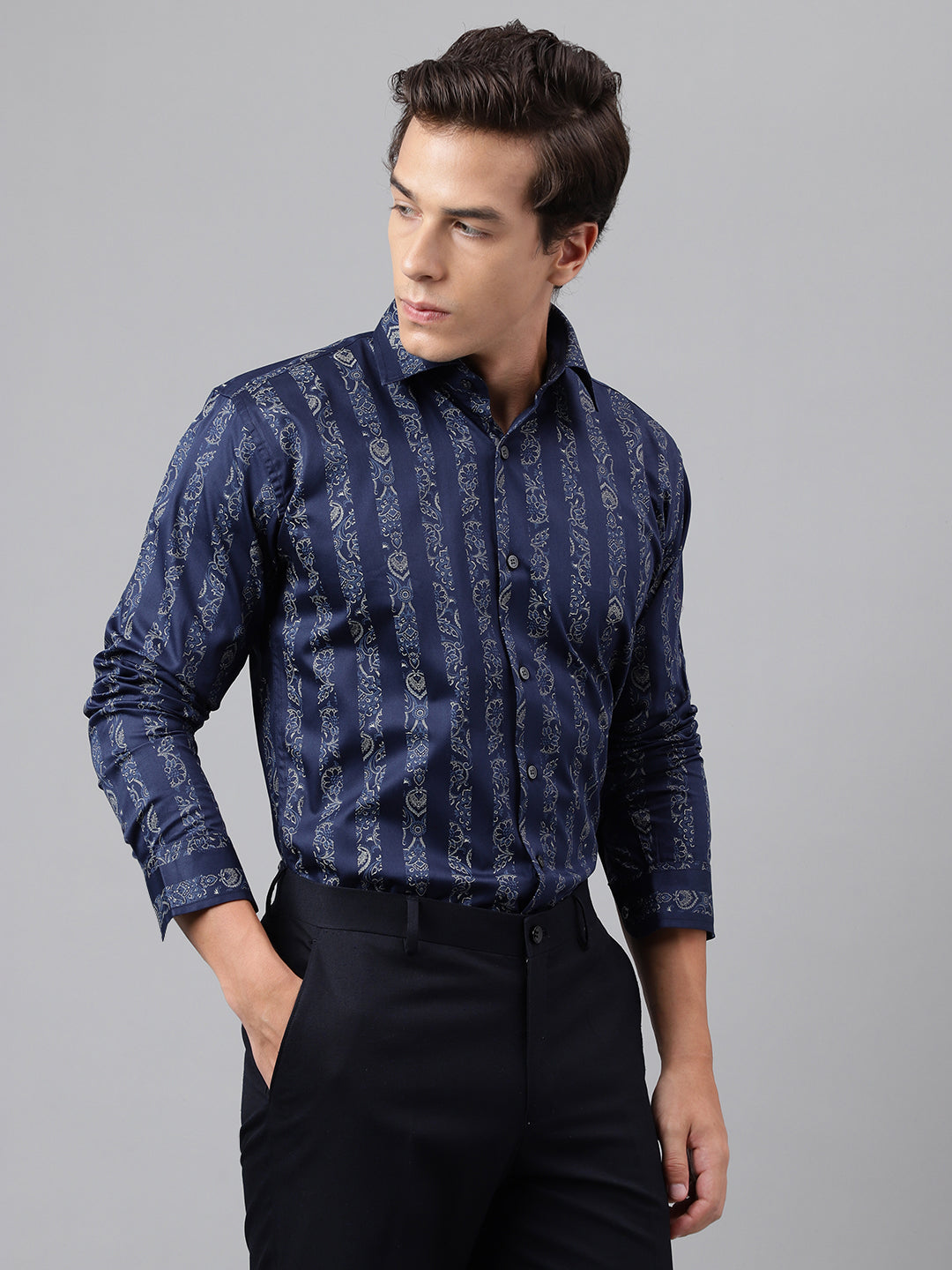 Men Navy Blue Floral striped Printed Cotton Satin Slim Fit Party Shirt