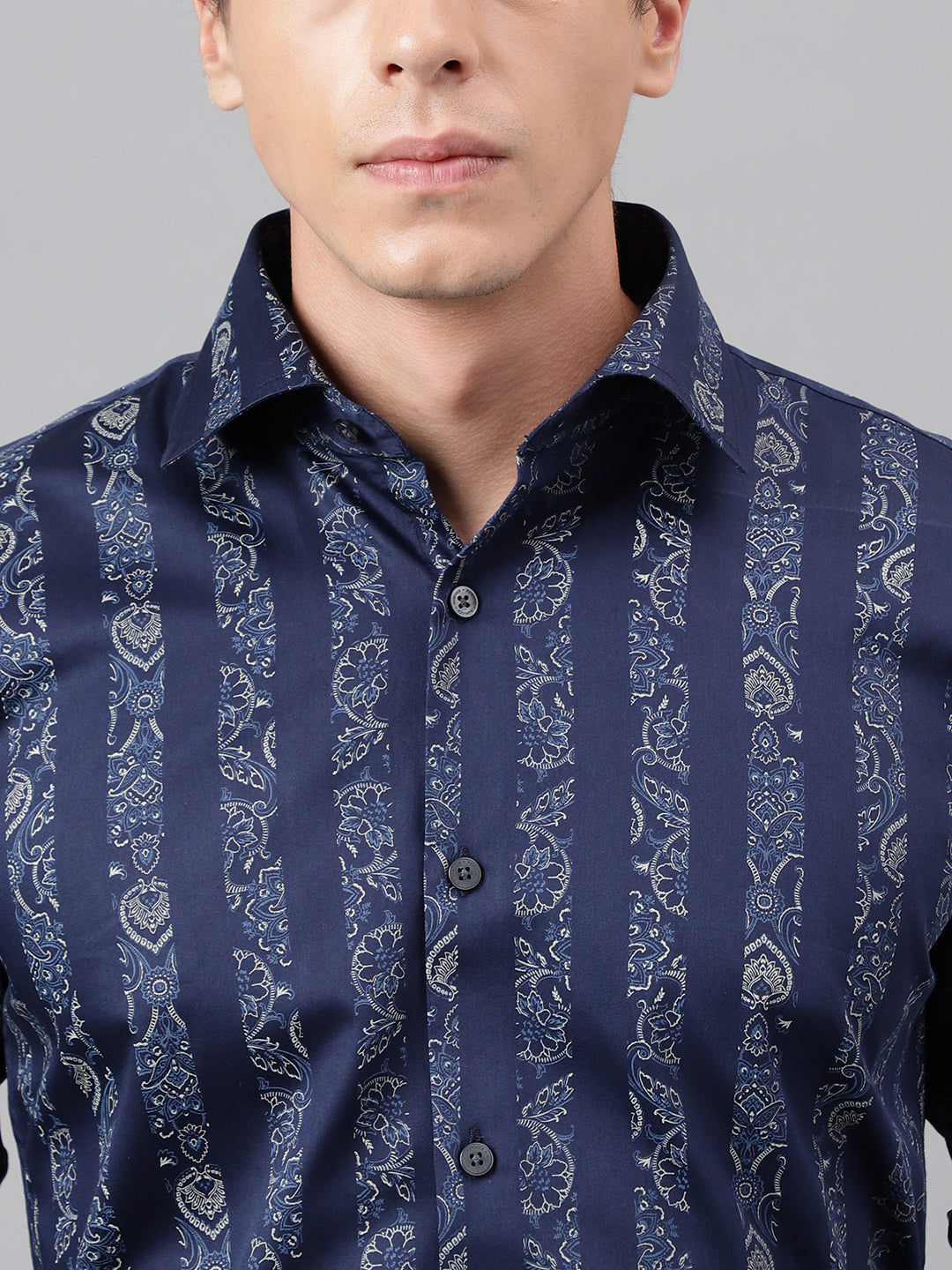 Men Navy Blue Floral striped Printed Cotton Satin Slim Fit Party Shirt