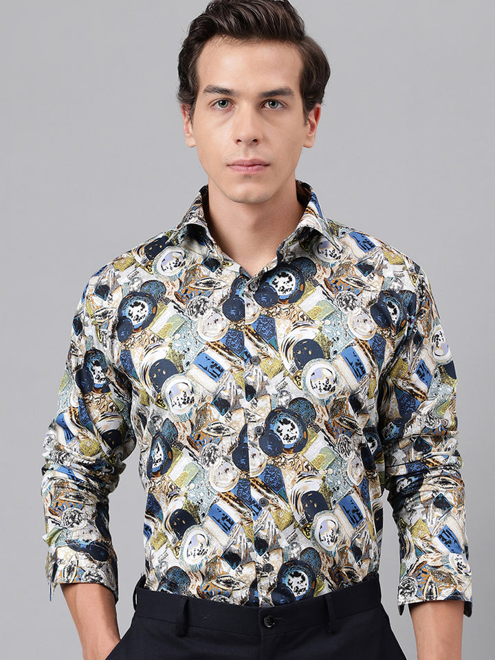 Men Blue & Multi Abstract Printed Cotton Satin  Slim Fit Party Shirt