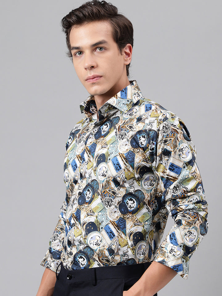 Men Blue & Multi Abstract Printed Cotton Satin  Slim Fit Party Shirt