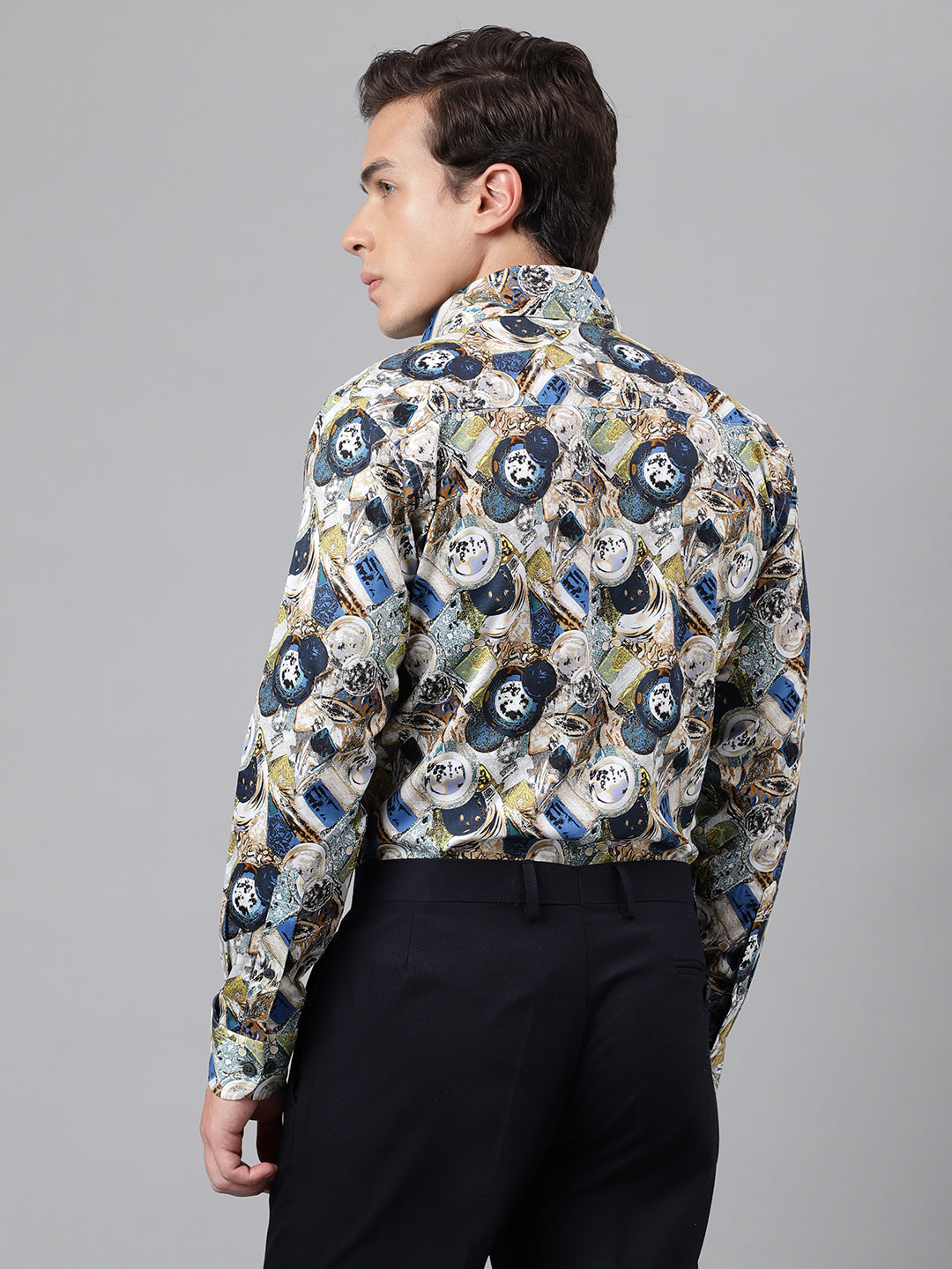 Men Blue & Multi Abstract Printed Cotton Satin  Slim Fit Party Shirt