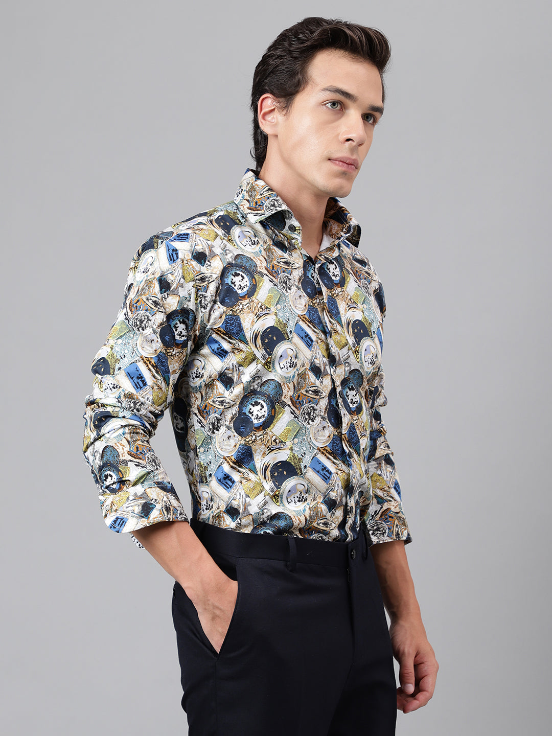 Men Grey & Multi Cotton Satin Abstract Digital Printed Slim Fit Party Shirt