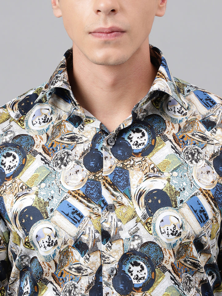 Men Blue & Multi Abstract Printed Cotton Satin  Slim Fit Party Shirt