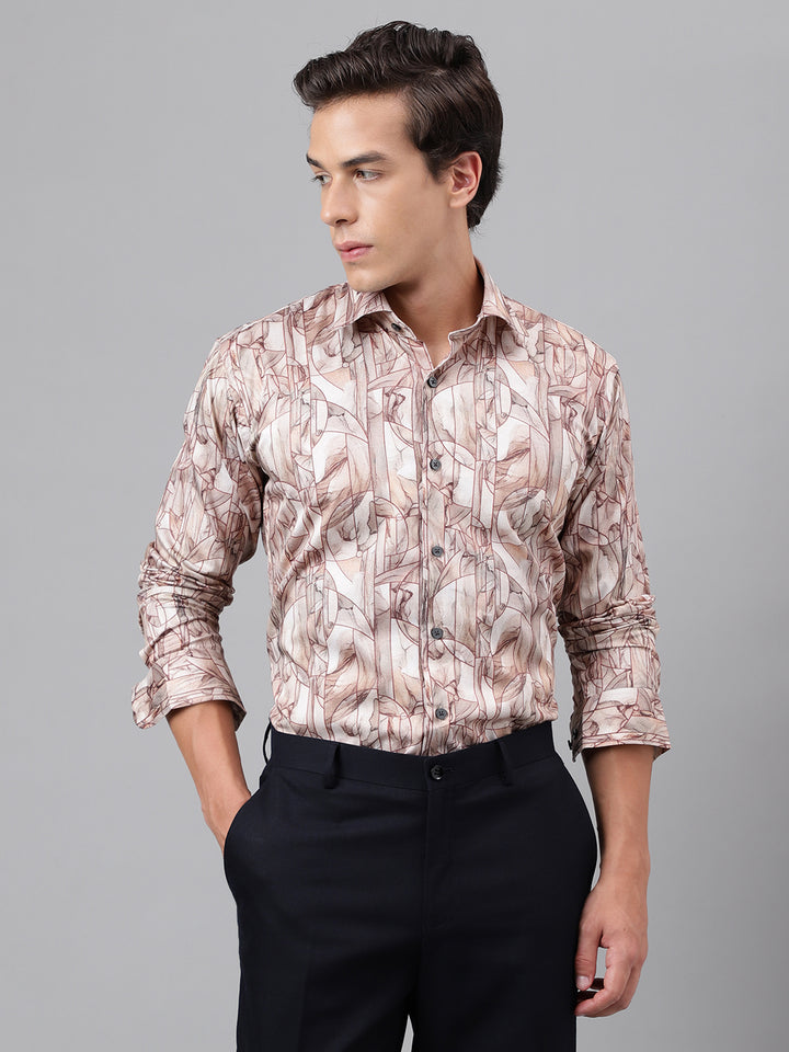 Men Beige Abstract Printed Cotton Satin Slim Fit Party Shirt