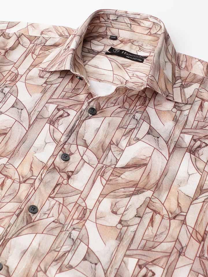 Men Beige Abstract Printed Cotton Satin Slim Fit Party Shirt