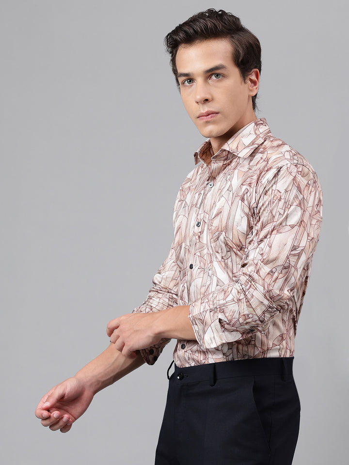 Men Beige Abstract Printed Cotton Satin Slim Fit Party Shirt