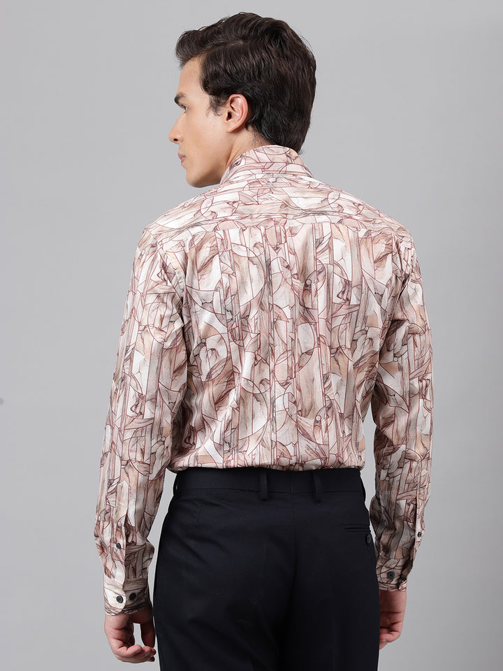 Men Beige Abstract Printed Cotton Satin Slim Fit Party Shirt