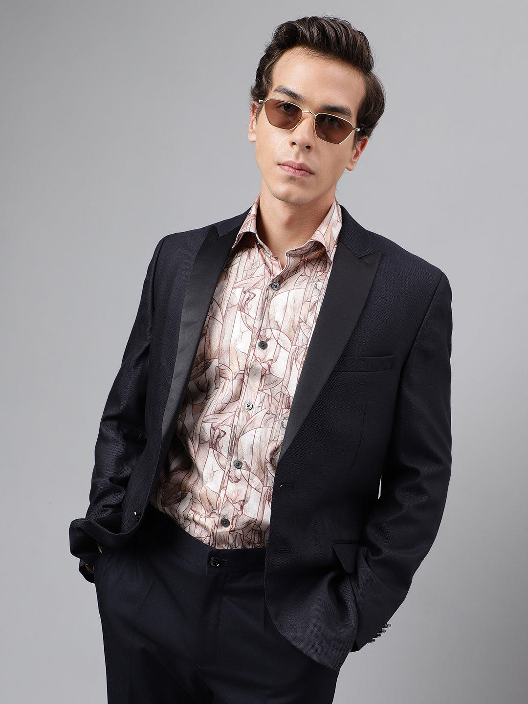 Men Beige Abstract Printed Cotton Satin Slim Fit Party Shirt