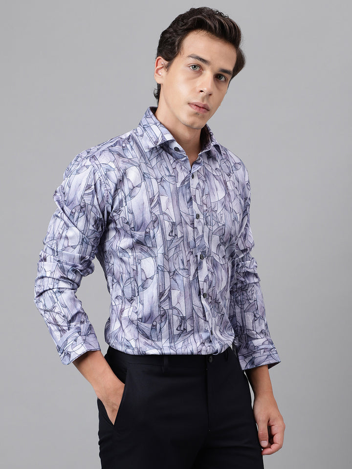 Men Blue Abstract Printed Cotton Satin Slim Fit Party Shirt