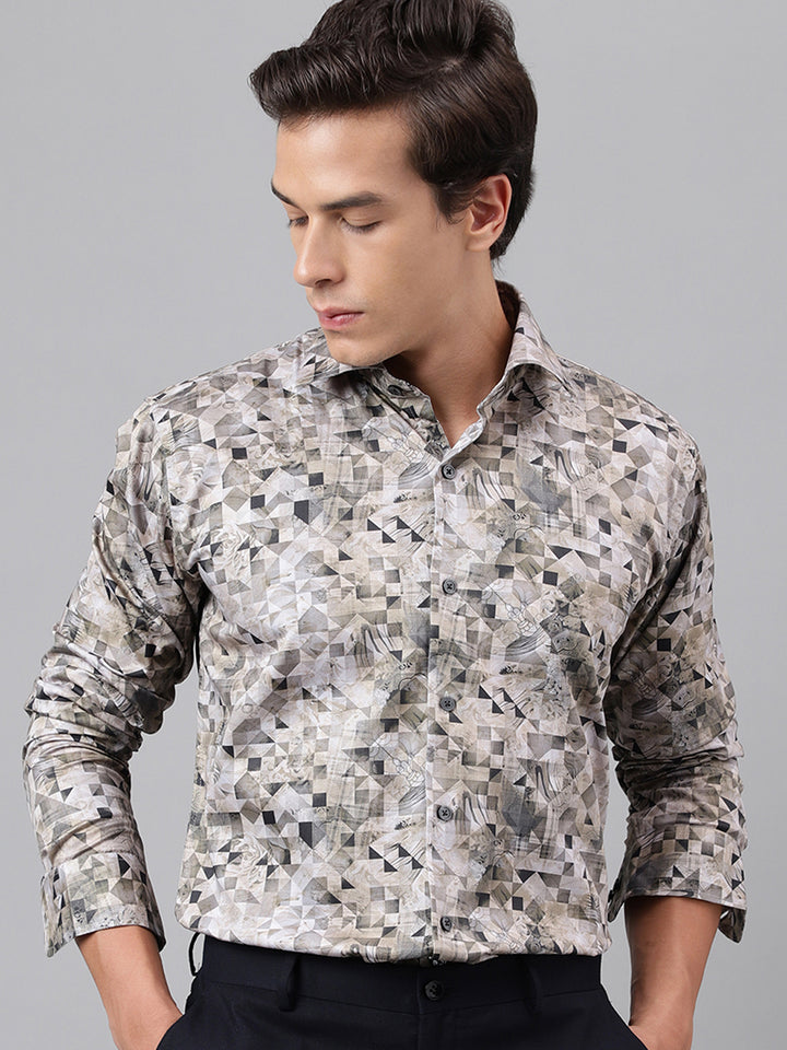 Men Beige & Grey Geometric Printed Cotton Satin Slim Fit Party Shirt