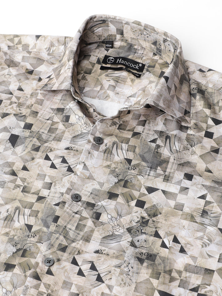 Men Beige & Grey Geometric Printed Cotton Satin Slim Fit Party Shirt