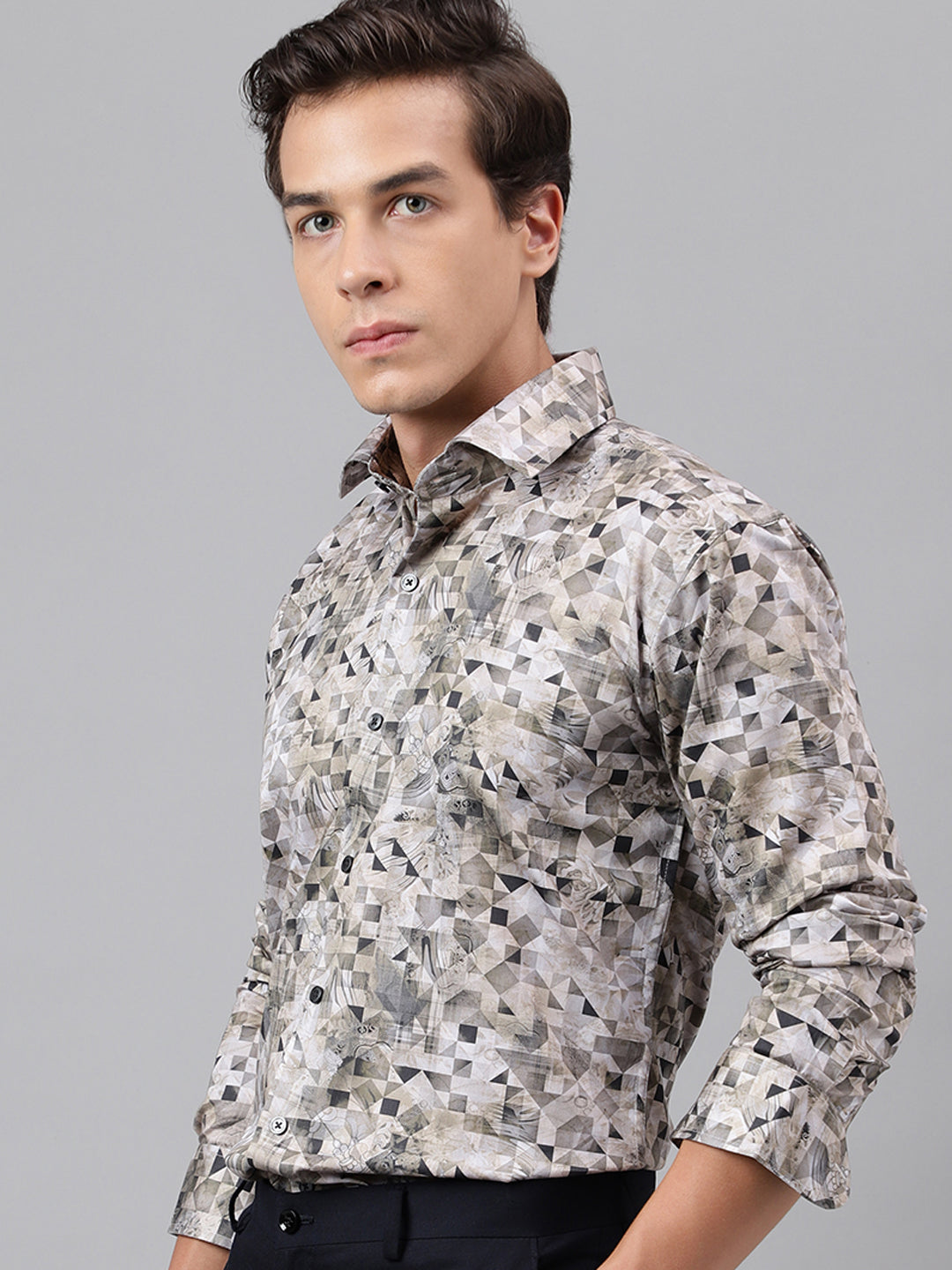 Men Beige & Grey Geometric Printed Cotton Satin Slim Fit Party Shirt