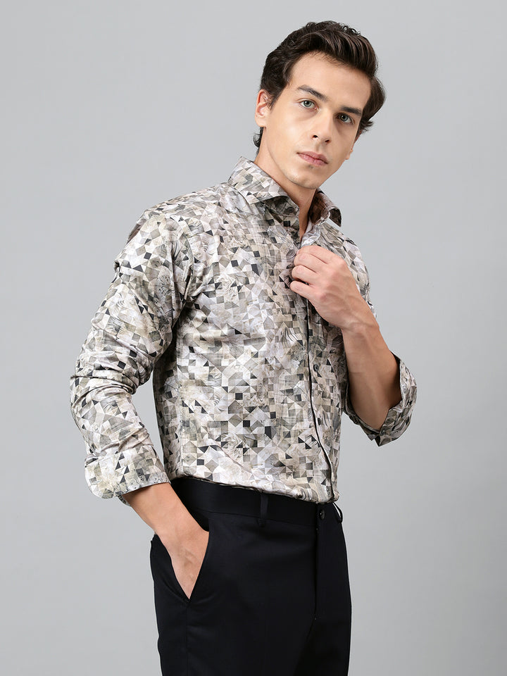 Men Beige & Grey Geometric Printed Cotton Satin Slim Fit Party Shirt