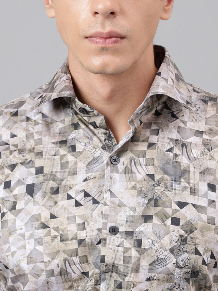 Men Beige & Grey Geometric Printed Cotton Satin Slim Fit Party Shirt