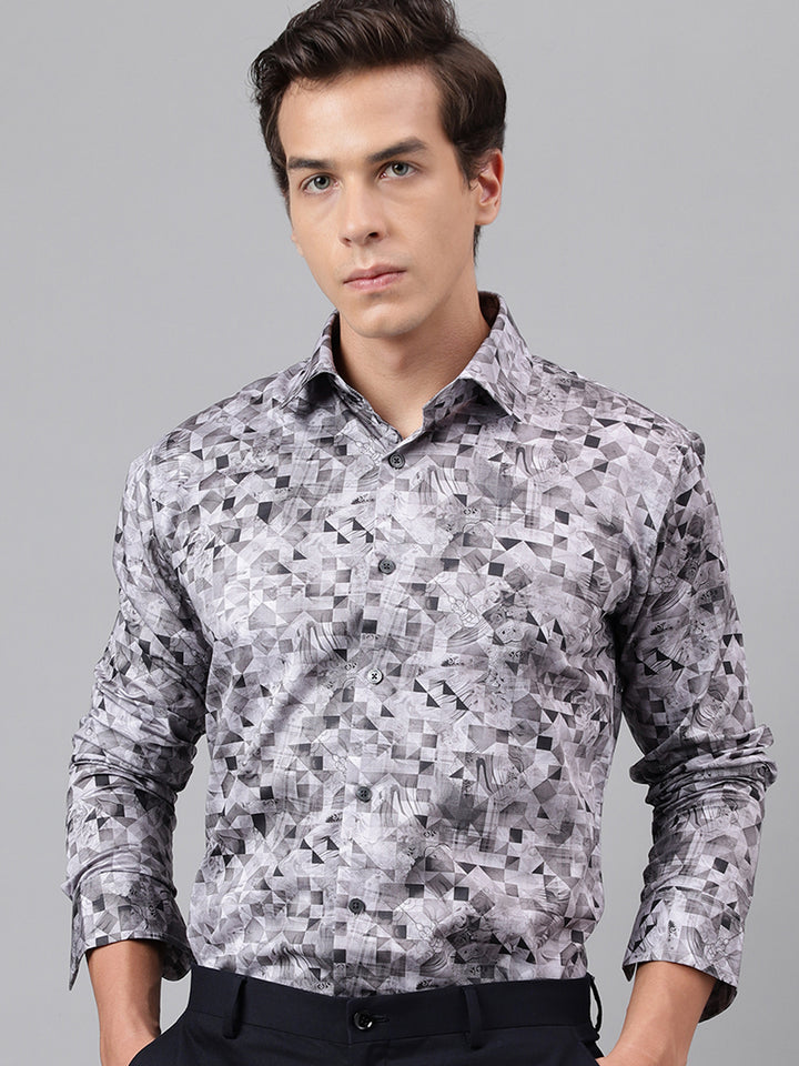 Men Mauve & Grey Geometric Printed Cotton Satin Slim Fit Party Shirt