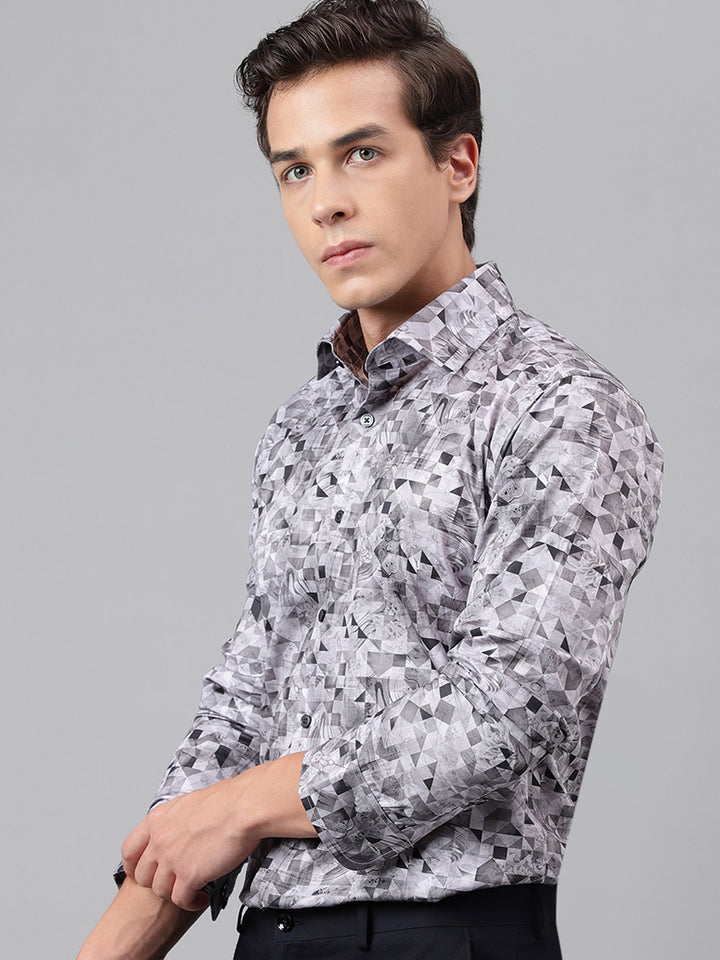 Men Mauve & Grey Geometric Printed Cotton Satin Slim Fit Party Shirt