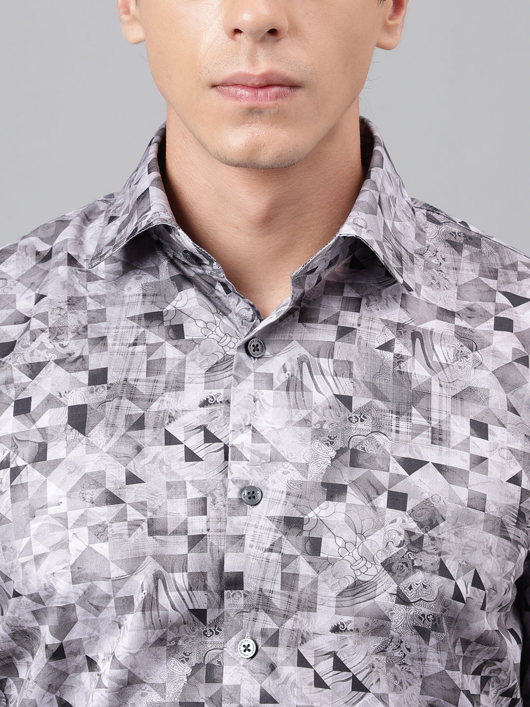 Men Mauve & Grey Geometric Printed Cotton Satin Slim Fit Party Shirt