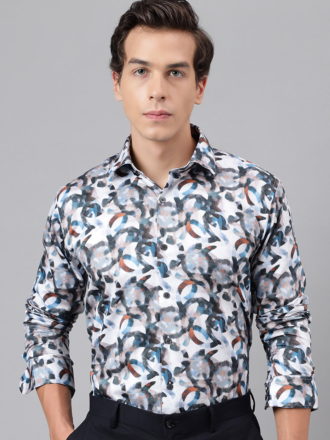 Men Blue & Multi Abstract Printed Cotton Satin Slim Fit Party Shirt