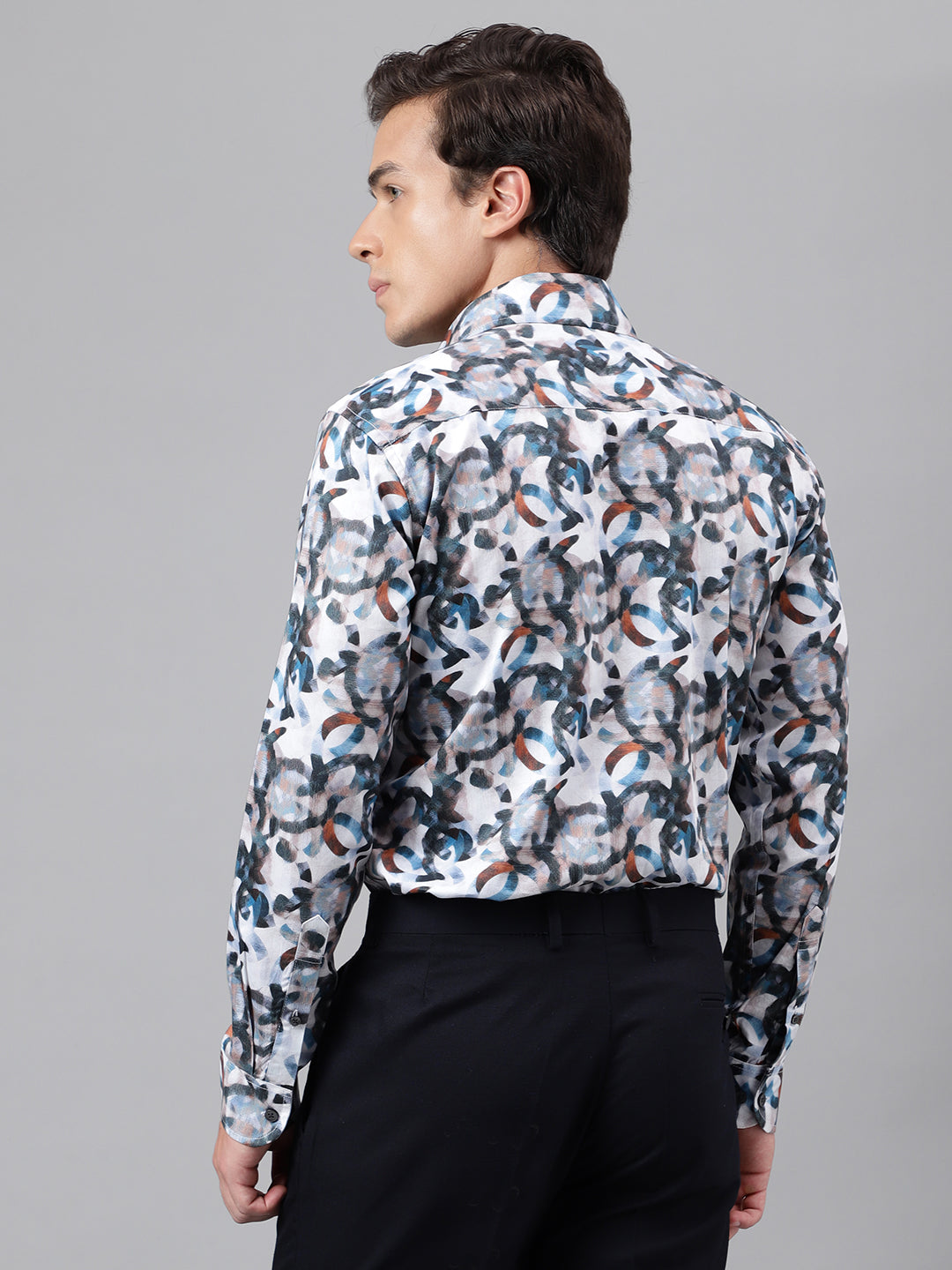Men Blue & Multi Abstract Printed Cotton Satin Slim Fit Party Shirt