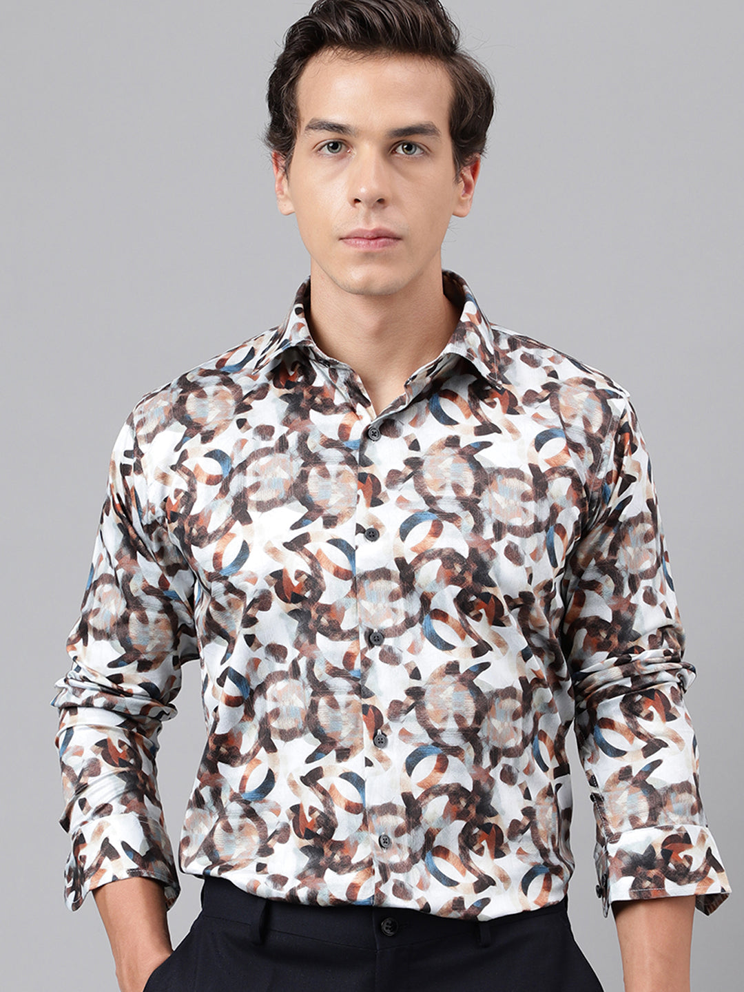Men Brown & Multi Abstract Printed Cotton Satin Slim Fit Party Shirt