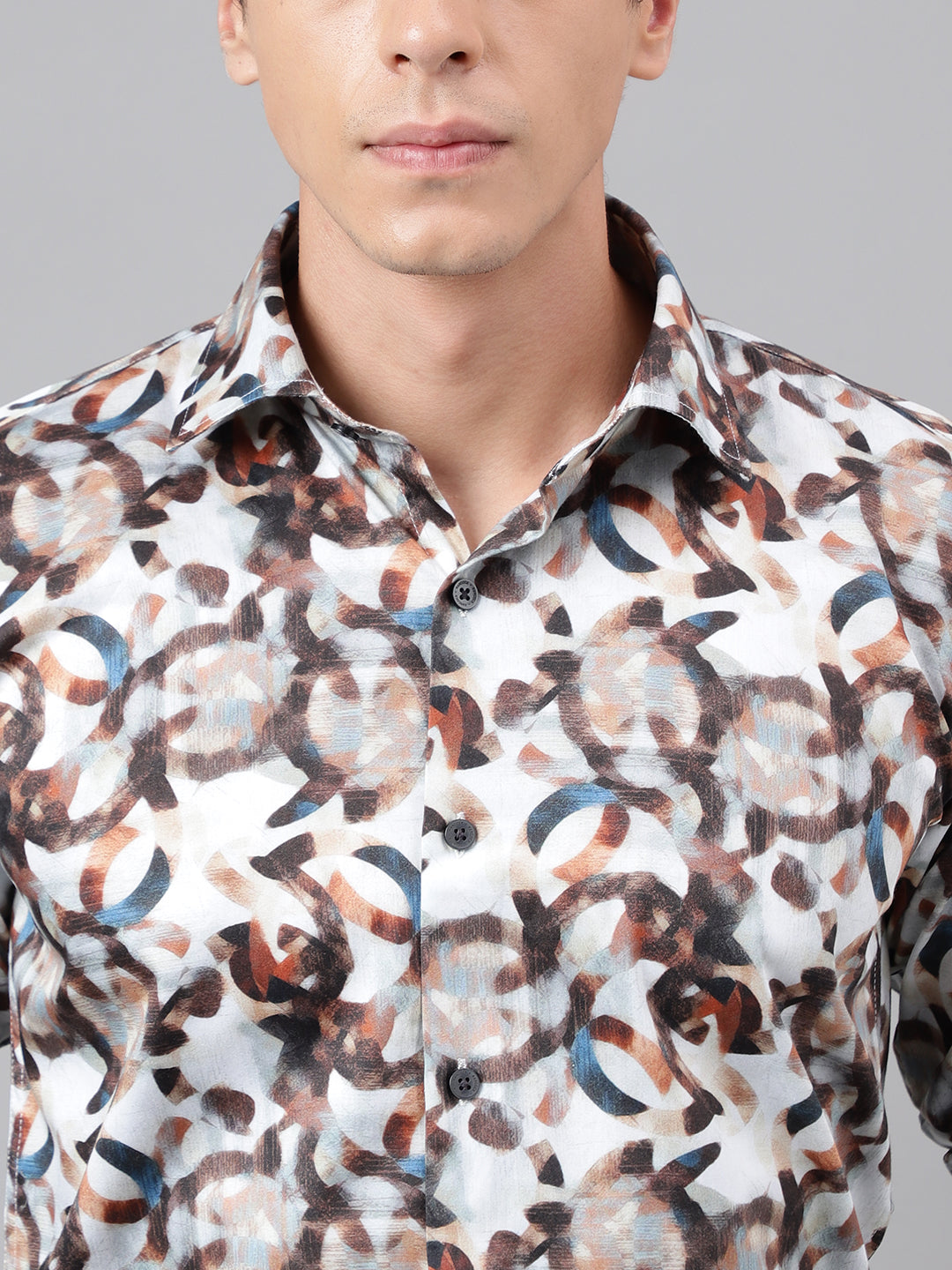 Men Brown & Multi Abstract Printed Cotton Satin Slim Fit Party Shirt