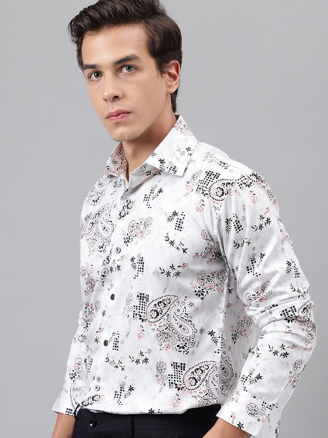 Men Light Grey & Black Floral Printed Cotton Satin Slim Fit Party Shirt