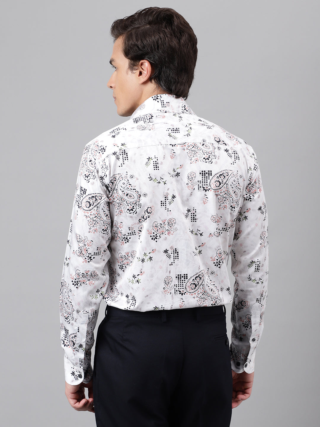 Men Light Grey & Black Floral Printed Cotton Satin Slim Fit Party Shirt