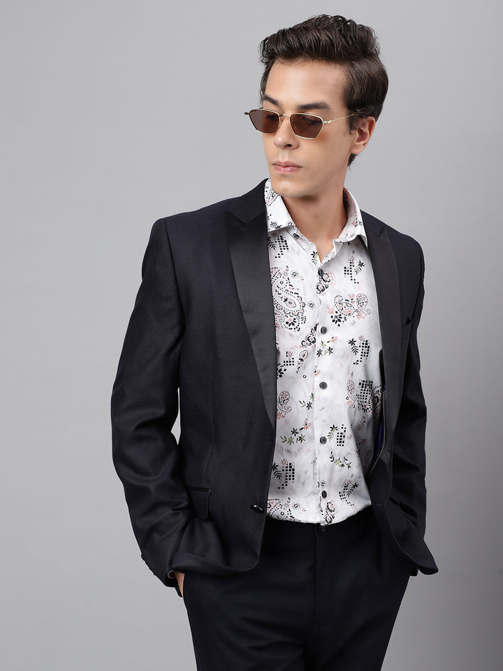 Men Light Grey & Black Floral Printed Cotton Satin Slim Fit Party Shirt